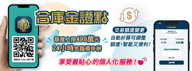 「合庫金證點」交易額度上限499萬元，24小時免臨櫃申辦